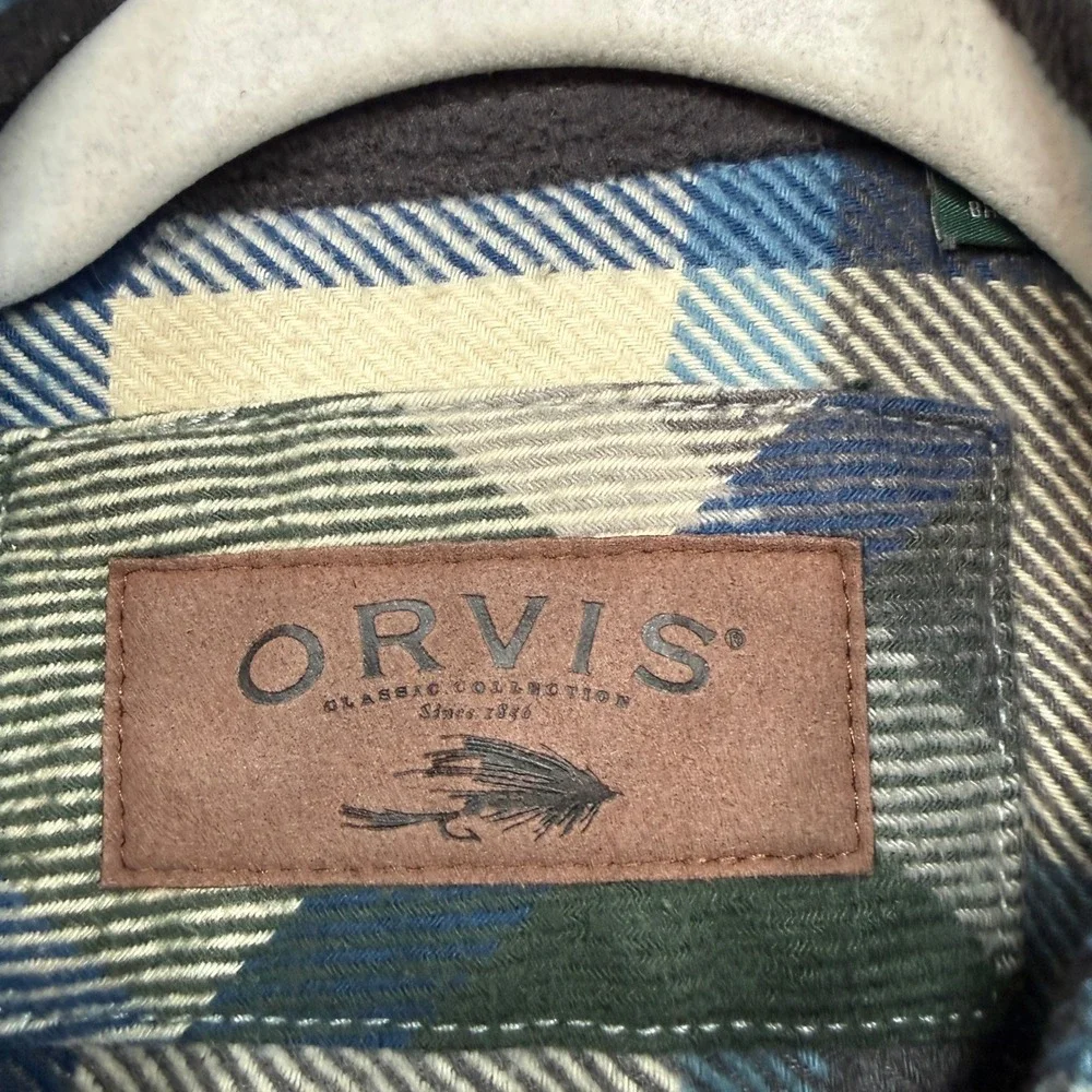 Orvis Flannel Shirt‎ Jacket Mens XXL Blue Green Fleece Lined Plaid Shacket Heavy